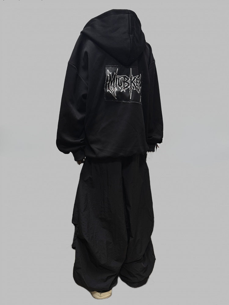 Black Two-way Zip Placket Letter Applique Jacket