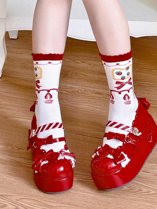 Red Strawberry Bowknot Print Lolita Calf Socks