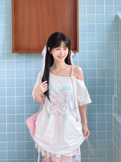 Sequins Decorated Butterfly Lace-up Detail White Asymmetrical Neckline T-shirt