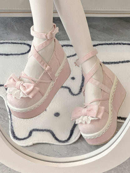 Pink Sweet Lolita Platforms in Velvet - Delicate Lace-Edged Bow, Ornate Heart Closure & Crossed Strap Details