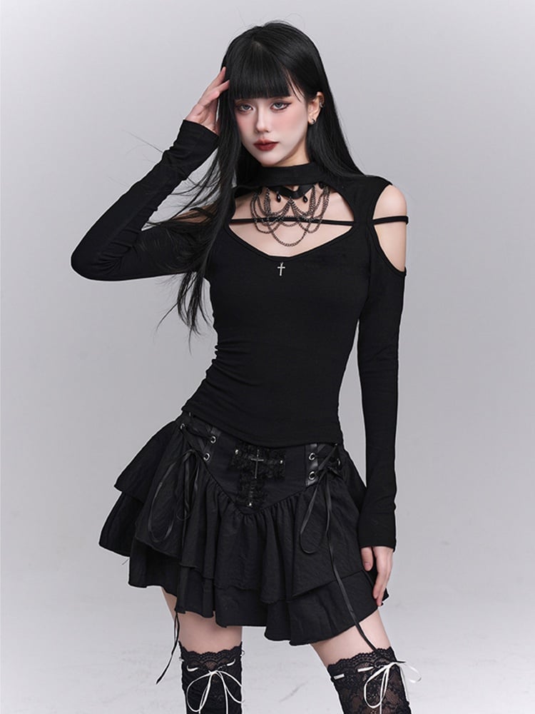 Black Crew Neck Cutout Shoulder Cross Embellished Top