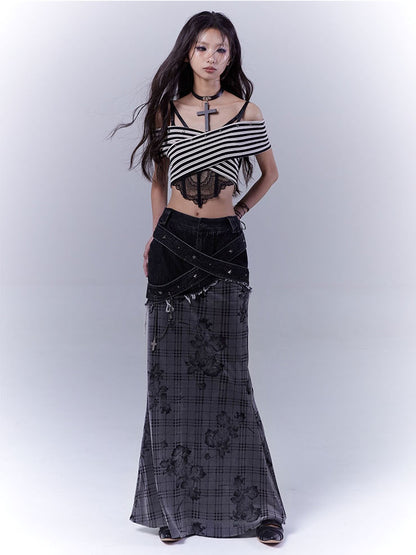 Black Low Waist Criss-cross Studded Strap Plaid Rose Mermaid Skirt