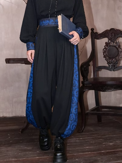 Blue Seahorse and Coral Print Black Drawsting Cuff Cheongsam Style Wide-leg Pants