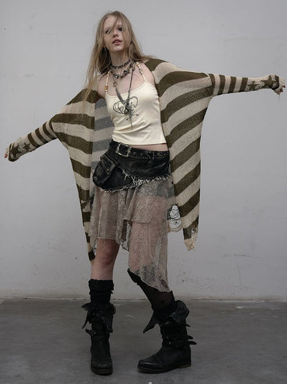 Green Wasteland Punk Striped Pattern Cardigan