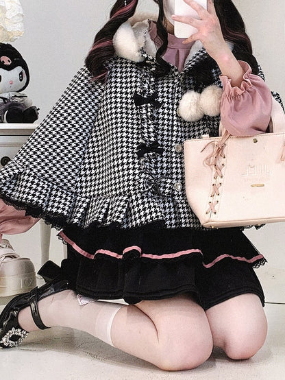 Jirai Kei Houndstooth Fleece-Lined Hooded Cape with Heart Buttons, Bow & Pompom | 3 Colors