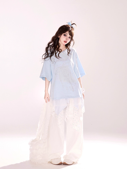 Bowknot and Key Rhinestones Lace Trim Blue Round Neck Loose T-shirt