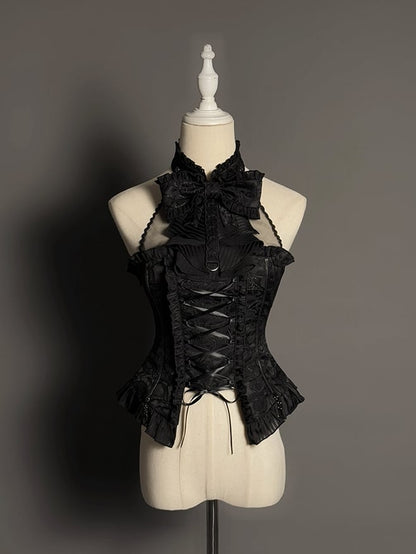 Clearance-Size M for Bust 85-99CM Black Halter Neck Sleeveless Top + Waist 64-100CM Kuro Gothic Lolita Tiered Skirt Full Set