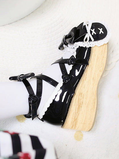 Polished Black Bunny Ear Bowknot Old School Sweet Lolita Platforms