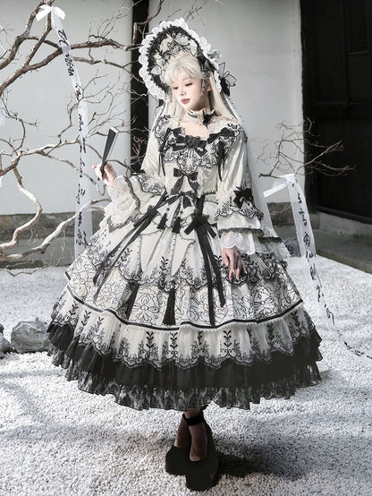 Shimmer Butterfly Fabric White and Black Chinoiserie Style Ink and Wash Lolita Dress Long Version