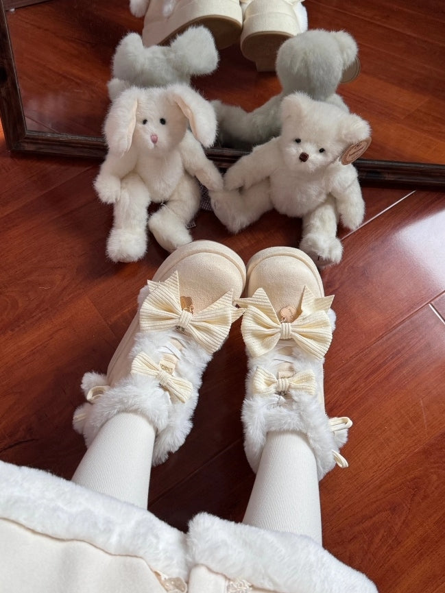 Sweet Lolita Yellow Platform Snow Boots - Pompom Charm, Bow Details & Furry Lining