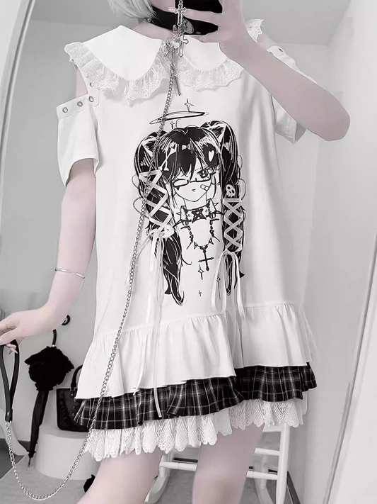 Anime Girl Print Peter Pan Collar Lace-up Details White Bittersweet Dress