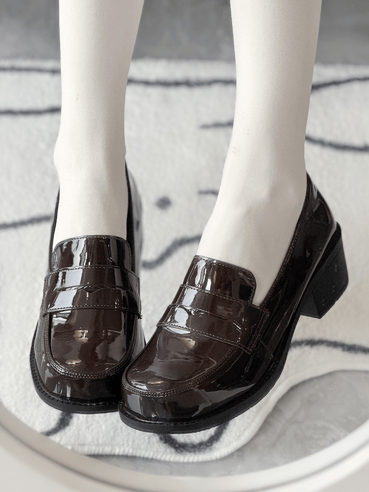 Preppy Style Brown Slip-On Loafers in PU - Mid-heel with Slip-in Fit Design