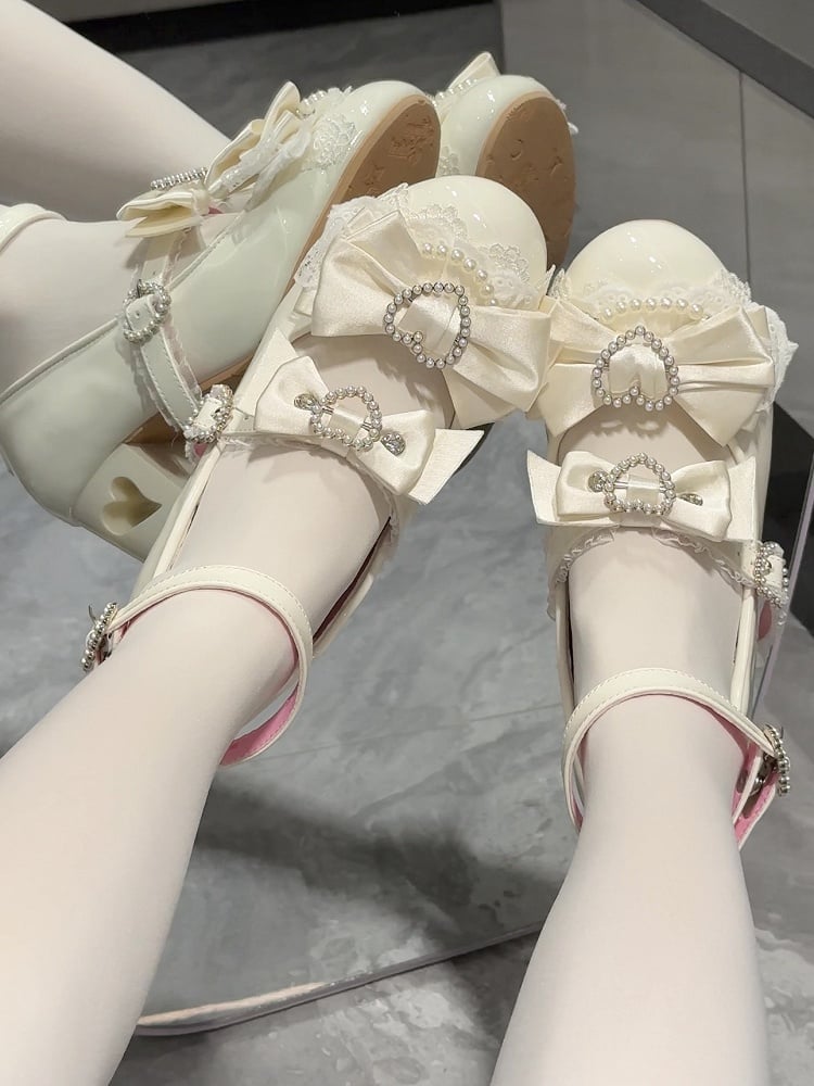 White Bow at Top Heart Cut-out Heels Mary Janes