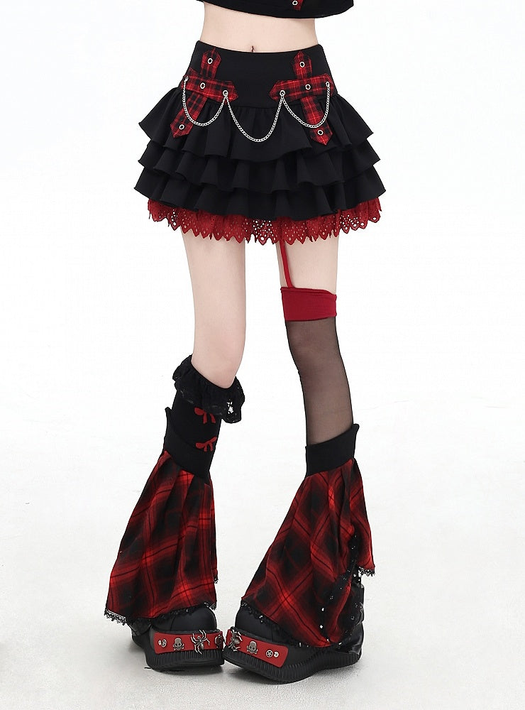 Chains Decorated Pink/Red Plaid Cross Appliques Lace Trim Tiered Skirt