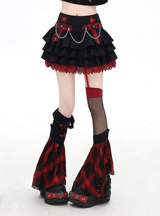Chains Decorated Pink/Red Plaid Cross Appliques Lace Trim Tiered Skirt