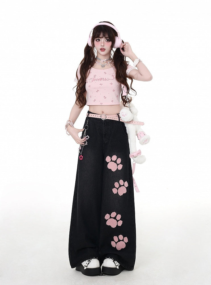 Pink Paw Embroidery Black Low Waist Straight-Leg Jeans