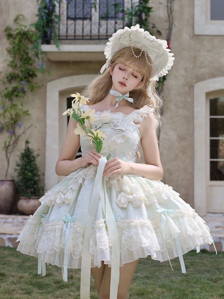 Light Green Jacquard Fabric Sweet Bow Accents Dress Lolita Jumper Skirt