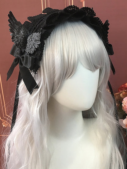 Vintage Gothic Lolita Bowknots Hairband with Angel Wings White&Black/Black