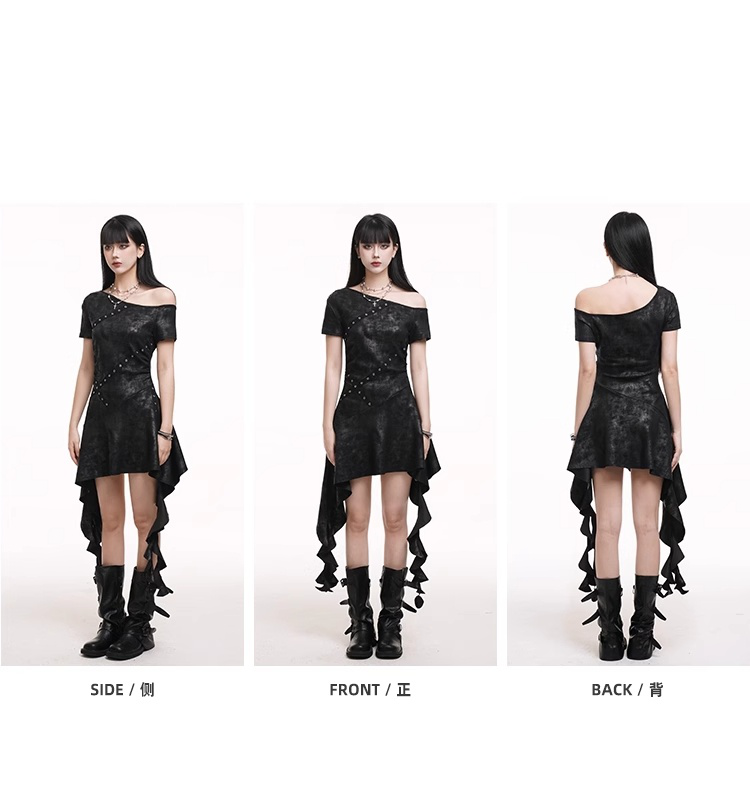 Black Asymmetrical Neckline Criss-cross Straps Cascading Ruffles Dress