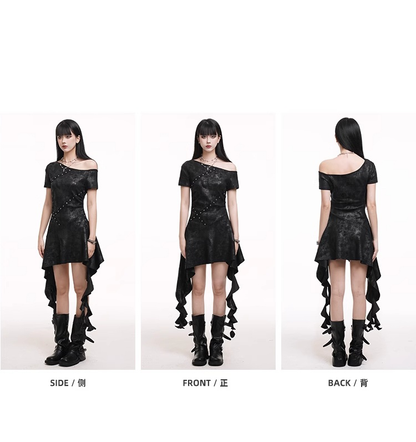 Black Asymmetrical Neckline Criss-cross Straps Cascading Ruffles Dress