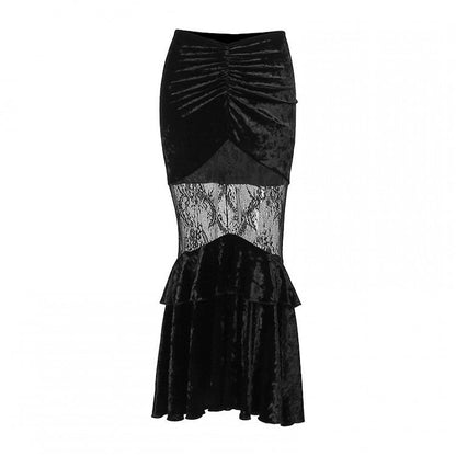 Gothic Black Velvet Contrast Lace Patches Ruched Design Mermaid Skirt