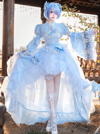 Plus Sizes Available Blue Princess Lolita Boned Waist Top + High-low Skirt Full Set