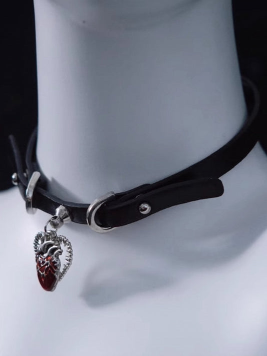 Black and Red Handmade Heart Pendant Gothic PU Choker