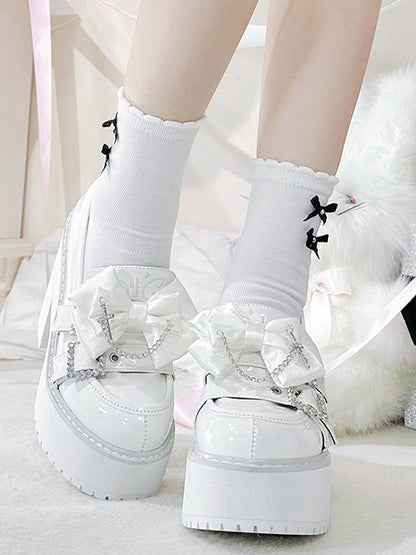 Polished White Jirai Kei Cross Chain Decorated Bow Rhinestoned Buckles Platform Loafers
