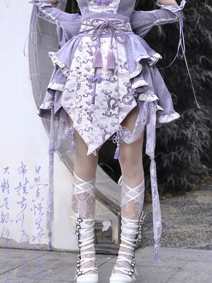 Purple Corset Belt Waist Irregular Layered Skirt Chinoiserie Knot Button and Tassels
