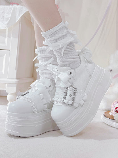 White Bow Accents Beaded Buckle Design Jirai Kei Platforms Shoes