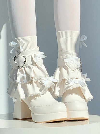 PU White Sweet Lolita High Block Heel Boots - Heart Buckle with Detachable Tiered Ruffles & Bow Details