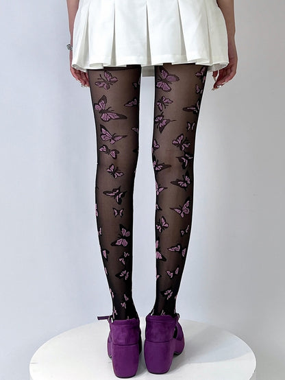 Black Y2K Butterfly Embroidered Tights