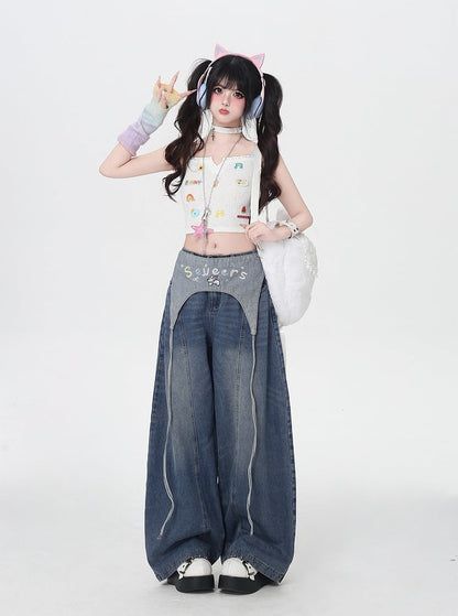 Blue Low Waist Wide-leg Jeans with Letter Embroidery Waist Accessory