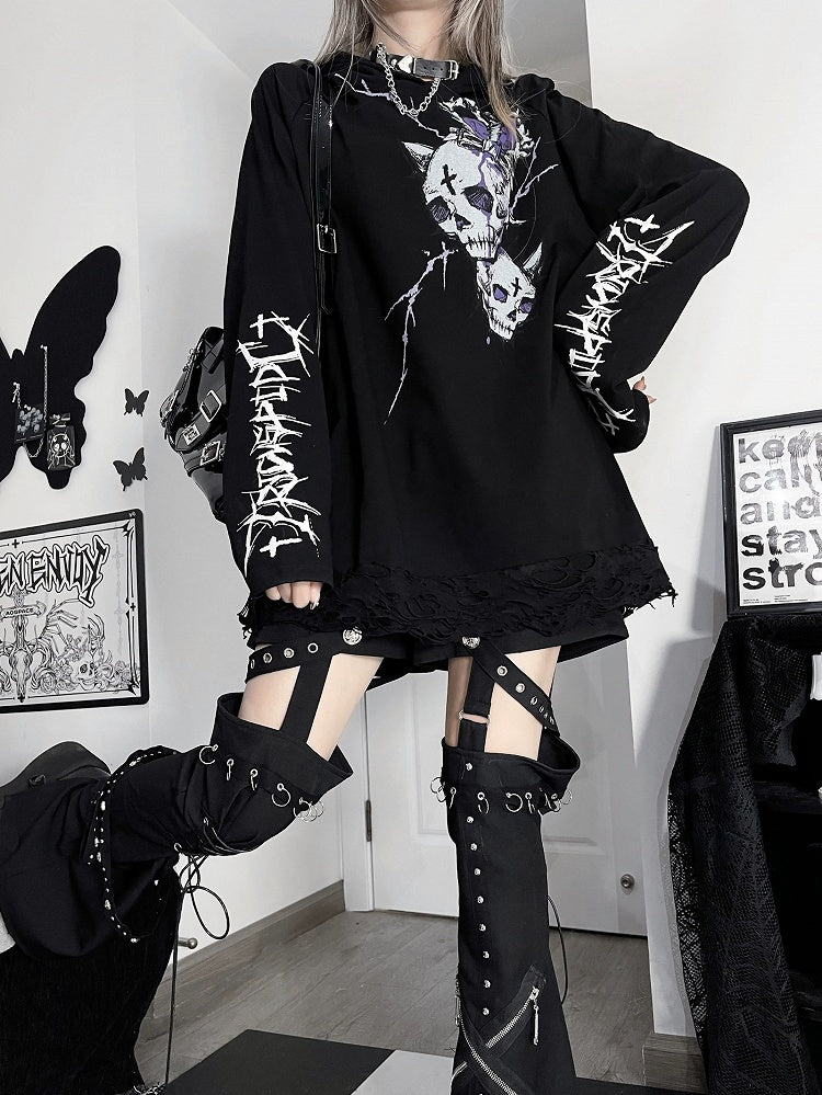 Black Emo Punk Skeleton And Letter Print Hoodie