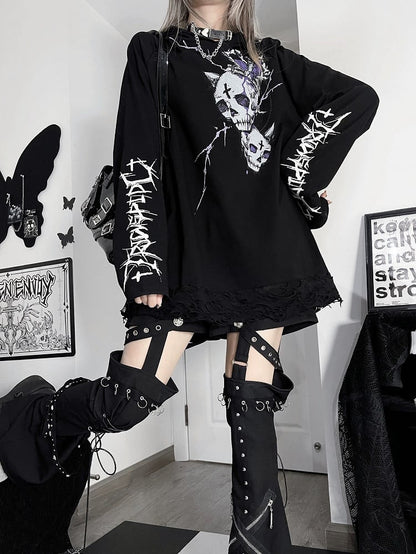 Black Emo Punk Skeleton And Letter Print Hoodie
