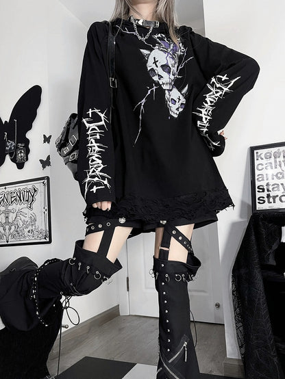 Black Emo Punk Skeleton And Letter Print Hoodie