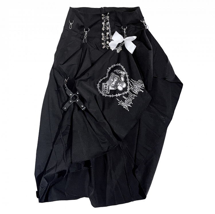 Punk Black Pin Chain Asymmetrical Hem Kitty Print Detachable Bow Skirt