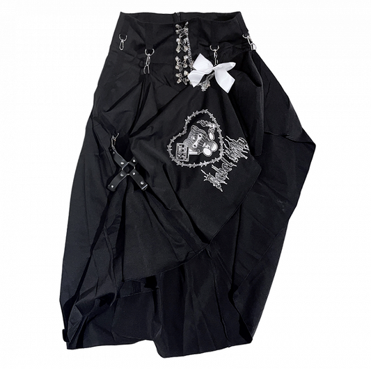 Punk Black Pin Chain Asymmetrical Hem Kitty Print Detachable Bow Skirt