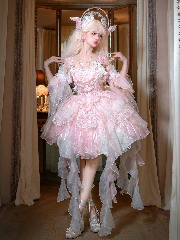 Light Pink Corset Waist Princess Lolita Beads and Sequins Detail Cascading Ruffle Accents Fairy Layered Dress