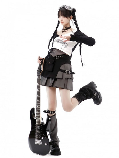 Futuristic Layered Box Pleat Techwear Skirt with Cargo Pockets