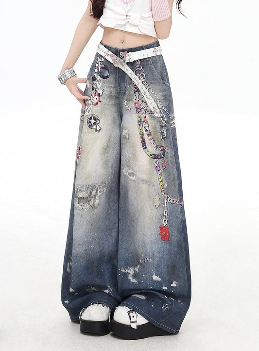 Chains Print Splash Ink Details Blue Low Rise Distressed Wide-leg Jeans