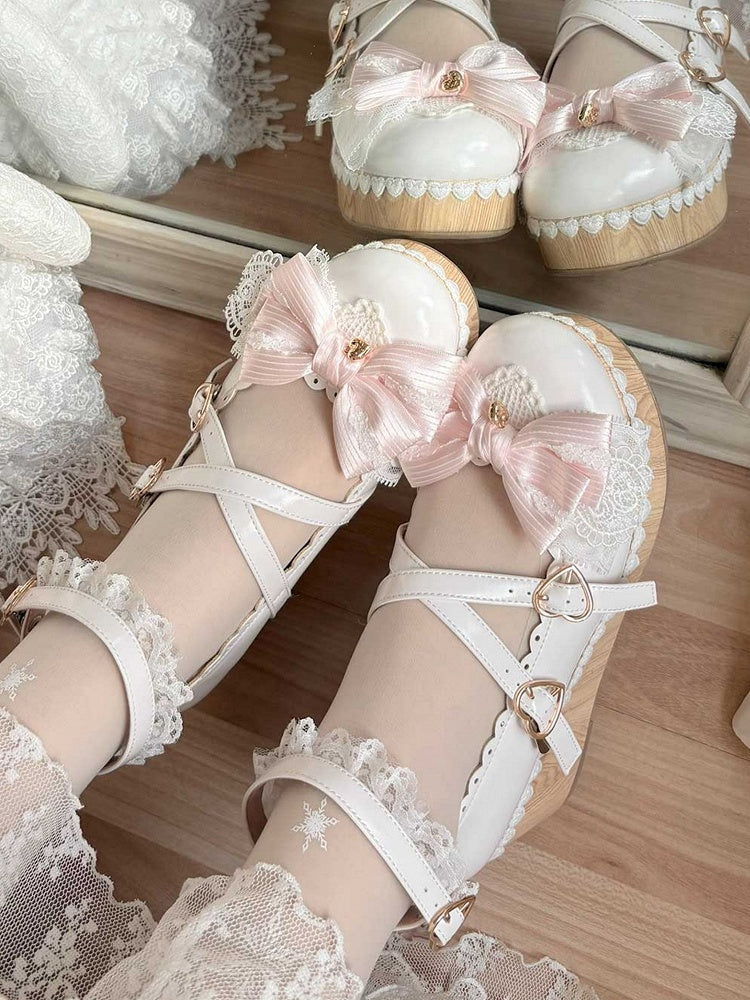 White Bow at Top Crisscross Design Heart Buckles Lace Trim Platforms