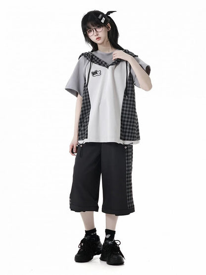 Clearance-Size M for Waist 66CM Black Plaid Zip Cuffs Techwear Two Ways Wear Pants/Shorts with Snap Belt