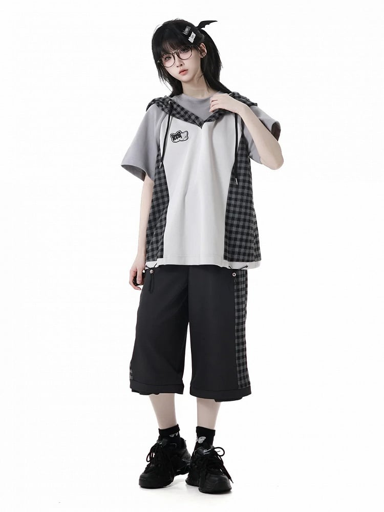 Clearance-Size M for Waist 66CM Black Plaid Zip Cuffs Techwear Two Ways Wear Pants/Shorts with Snap Belt