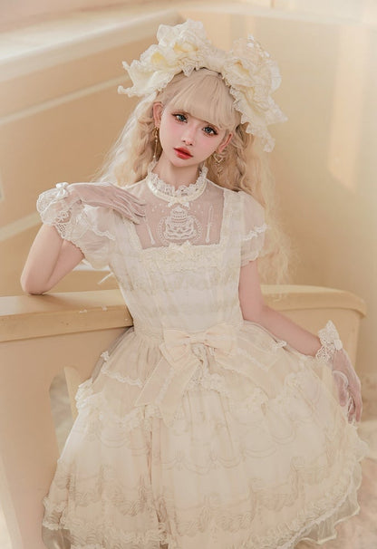 Creamy White Illusion Neckline Short Sleeves Lolita One Piece