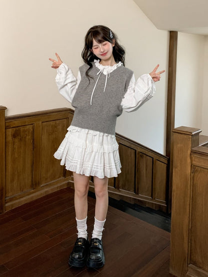 Self-tie Ruffle Neckline White Pleating Details Lace Hem Blouse