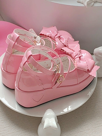 Deep Pink Sweet Lolita Platform Shoes - Top Bow, Crisscross Straps & Decorative Heart Closure