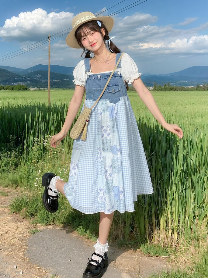 Blue Plaid and Floral Patchwork Design Mori Kei Denim Overall Dress