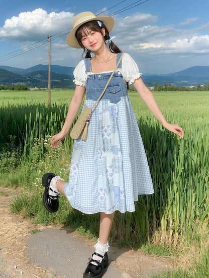 Blue Plaid and Floral Patchwork Design Mori Kei Denim Overall Dress