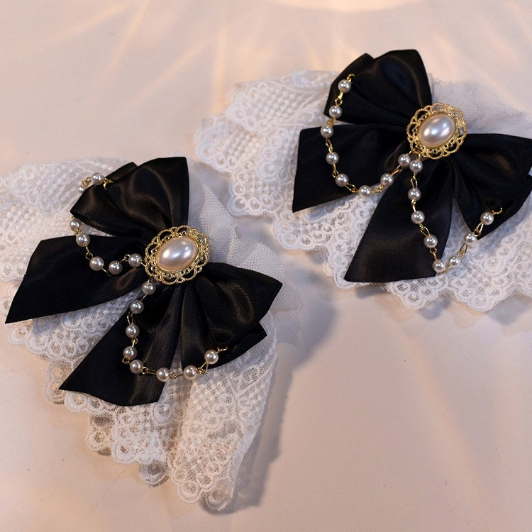 Black/White Beaded Charm Bowknot Decorated Lace Wrist Cuffs